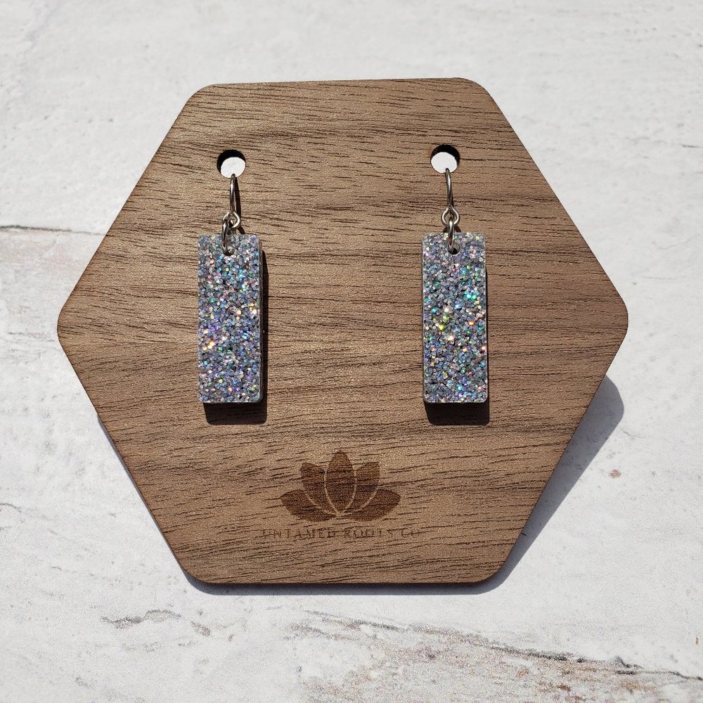 Silver Holographic Glitter Small Rectangle Earrings, Acrylic Stainless, Handmade